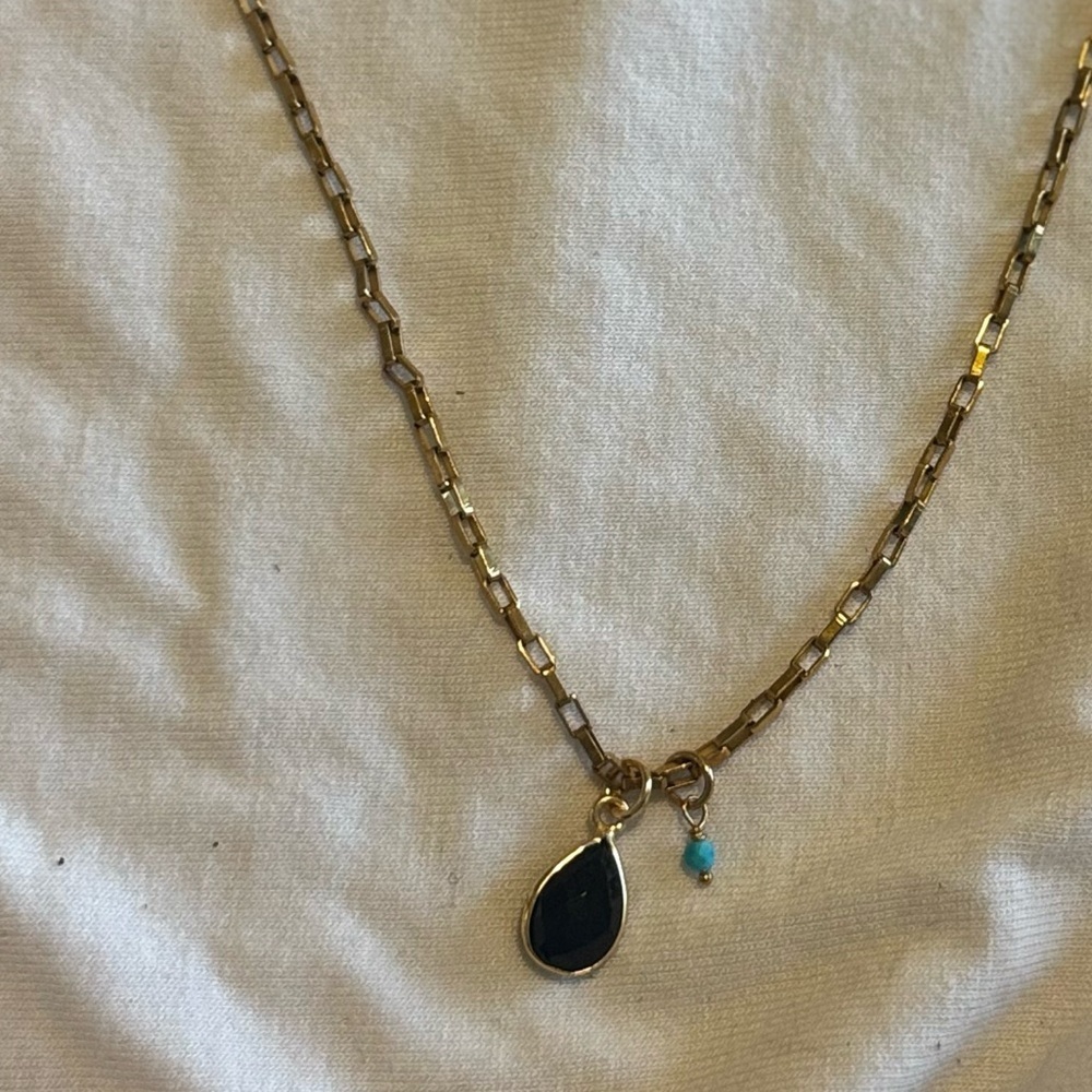 🌟 Chic Gold Plated Paperclip Chain Necklace with Black Spinel & Turquoise 🌟 - Picture 3 of 3